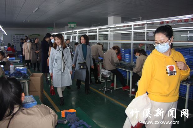 在工业园区湖北力莱电子科技有限公司，女民志们在车间参观生产情况（图二）